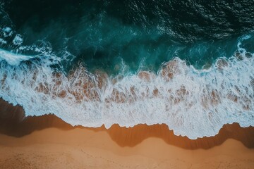 Poster - Aerial View of Ocean Waves Crashing on a Sandy Beach