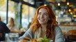 © Generative AI - A happy redhaired woman spending day with her friend eating a breakfast : Generative AI
