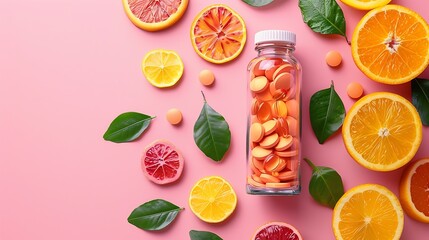 Wall Mural - Citrus fruit and fresh leaves spreading out of pill bottle on pastel pink background Creative supplementary health food nutrition Boost immune system with vitamin tablets Flat lay copy : Generative AI