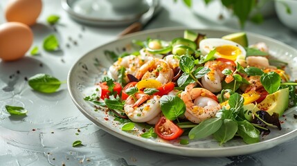 Poster - Healthy salad with squid and avocado on white plate with harsh shadows Calamari salad with vegetables and eggs on white background with shadows of leaves Summer food menu : Generative AI