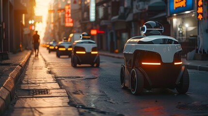 Poster - autonomous delivery robots transporting goods in busy urban cityscape