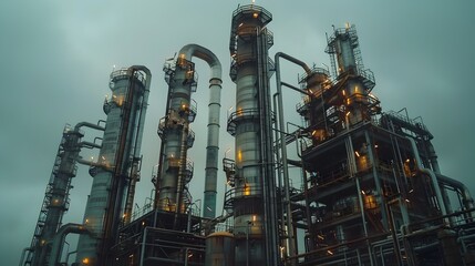 Poster - modern petrochemical refinery with towering distillation columns and intricate pipelines