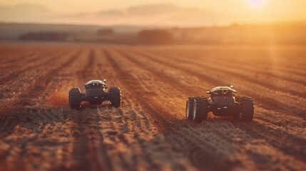 Poster - autonomous agricultural machines plowing fields at sunset ai driven precision farming concept