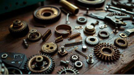 Wall Mural - An array of vintage gears and mechanical parts arranged on a wooden table, highlighting intricate details and craftsmanship.