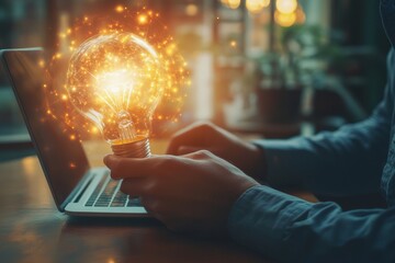 Poster - A business man holding a light bulb, an innovative concept with technology and creativity, ideas of new ideas with innovations and creativity,