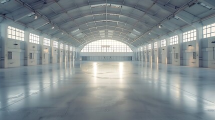 Poster - Huge empty industrial warehouse building White interior Hemispherical reinforced concrete load bearing roof with windows Unique architecture : Generative AI