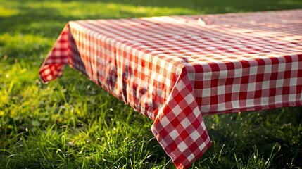 Poster - Red checkered tablecloth on grassempty space blank Food design advertisement template Picnic place Checked cloth Napking laying outdoor : Generative AI