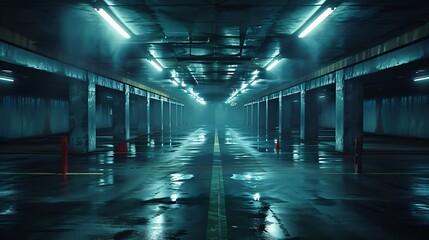 Poster - Sci fi looking dark and moody underground parking lot with fluorescent lights on  Long hall : Generative AI