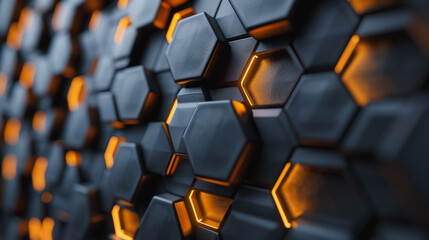 Poster - A black and orange hexagonal pattern with a metallic texture