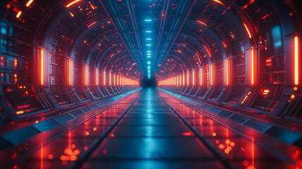 Poster - A long, empty, brightly lit tunnel with red lights