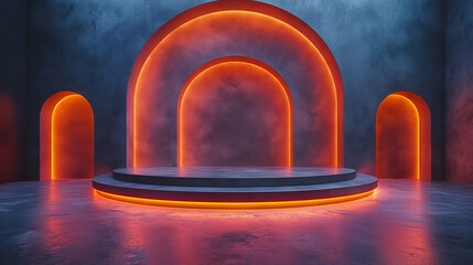 Poster - A large, empty room with a red archway in the middle. The archway is lit up with orange lights, creating a warm and inviting atmosphere. The room is empty, but the lighting
