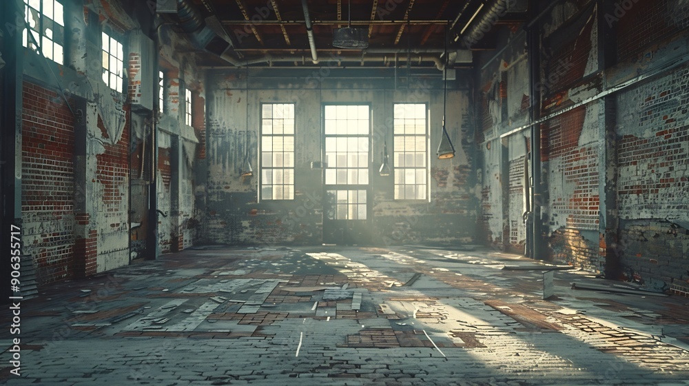 Interior view of an old rundown and abandoned factory building Big ...