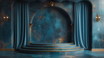 Poster - A blue room with a stage and curtains
