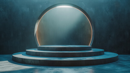 Poster - A large, empty, circular stage with a light shining through the center. The stage is surrounded by a series of steps, and the space is empty and dark