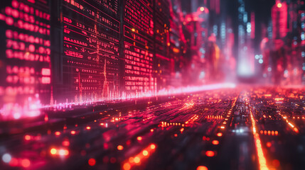 Poster - A cityscape with a red background and a bright orange line