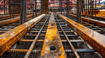 Poster - Large reinforced concrete structures at the construction site Preparation for the installation of reinforced concrete products Construction work on the construction of foundations : Generative AI