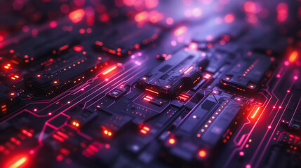 Poster - A close up of a computer chip with many red lights