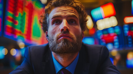 Poster - A man with a beard and a suit is looking at a screen with a lot of numbers