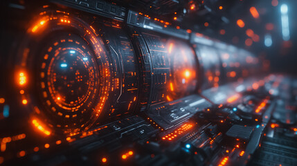 Poster - A futuristic space scene with a glowing orange object in the center