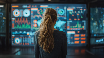 Poster - A woman stands in front of a computer monitor displaying a lot of data