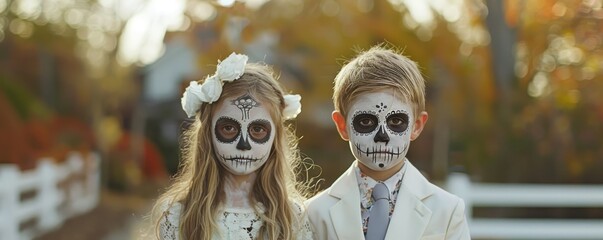 Wall Mural - Two children dressed in Halloween costumes, one with a flower in her hair and the other with a skull painted on his face