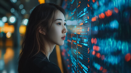 Poster - A woman is looking at a computer screen with a lot of numbers and symbols