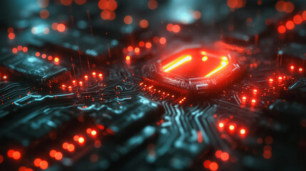 Poster - A computer chip with a red light on it. The chip is surrounded by a blue background. The image has a futuristic and technological feel to it