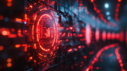 Poster - A computer screen with a red circle in the middle. The circle is surrounded by a red border and is surrounded by a red wall. The image has a futuristic and technological feel to it