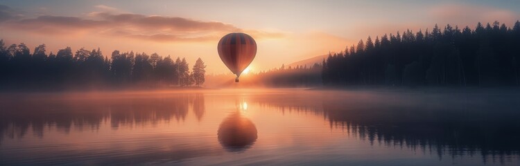 Wall Mural - Hot Air Balloon Floating Over Calm Lake at Sunrise With Misty Forest Background