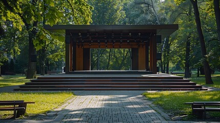 Aufkleber - Empty open air stage in a park with a sound projecting roof Akniste Latvia : Generative AI