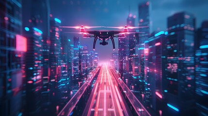 Poster - Futuristic High Tech City Skyline at Vibrant Night with Illuminated Skyscrapers and Flying Drones