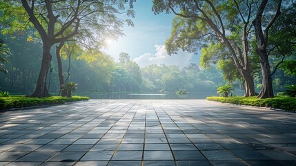 Poster - Empty tiles floor at the nice and peaceful comfortable great nature park panorama : Generative AI