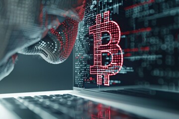 Poster - a close-up of a worried face reflected in a laptop screen displaying red cryptocurrency figures, hig