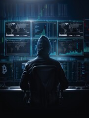 Poster - a solitary figure stands before multiple screens with diverse cryptocurrency graphs, pondering the r