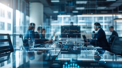 Poster - an office environment where a group of financial experts discusses the instability of the cryptocurr