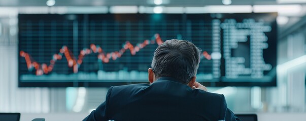 Poster - A downward-trending cryptocurrency graph on a large screen in a corporate boardroom, with a worried executive in the foreground. The image is designed with clear copy space for inserting critical