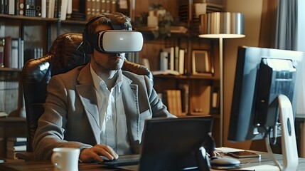 Poster - Insurance Agent Using VR Headset to Explain Policies to Clients in Futuristic Office Setting