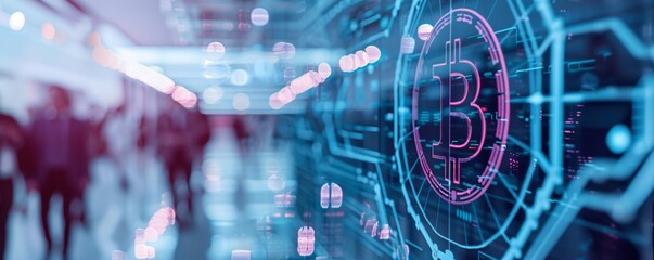 Poster - a dynamic shot of a crypto conference, vibrant and bustling with attendees, keynote speakers discuss