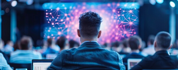 Poster - A dynamic shot of a crypto conference, vibrant and bustling with attendees, keynote speakers discussing the risks, futuristic design