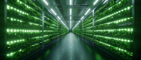 Poster - a dramatic photo of a crypto mining farm, showcasing the scale and environmental impact, with an eer