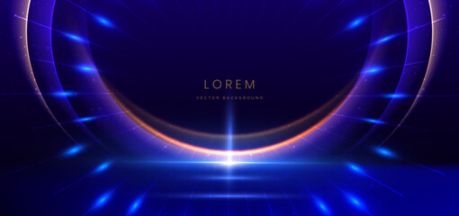 Wall Mural - scene futuristic neon glowing blue and gold light lines with on dark blue background and lighting sp