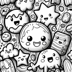 Wall Mural - seamless pattern with a cute kawaii doodle coloring book page