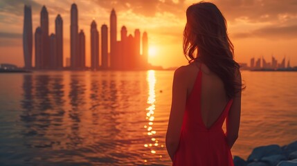 Wall Mural - A beautiful luxury woman in a red dress enjoys the sunset view behind the modern skyline of Dubai city UAE : Generative AI