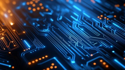 Abstract close-up of a glowing circuit board with intricate patterns and vibrant colors, representing technology and innovation.