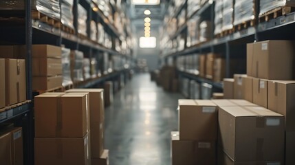 Startup business space filled with merchandise in boxes to ship to clients products in cardboard packages used for supply chain distribution Empty warehouse with merchandise and depot  : Generative AI