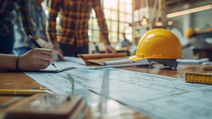 Poster - Brainstorming group of architects and engineers discuss building blueprint design paperwork and drawing construction project planning on wooden table in office Construction project bud : Generative AI