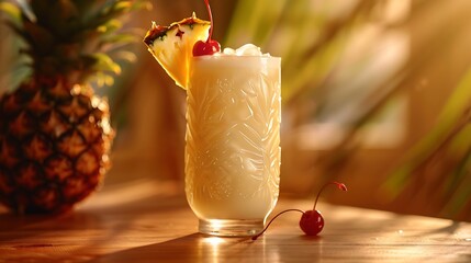 Aufkleber - Tropical pina colada cocktail or mocktail in a tiki glass with pineapple and cherry with copy space : Generative AI