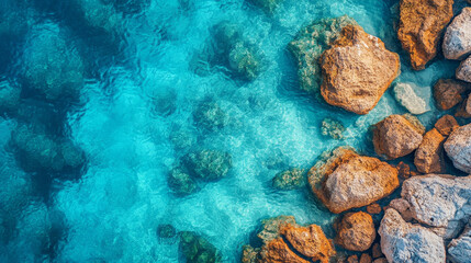 Wall Mural - **Aerial top view of azure clear water crashing against the rocky coastline of a coral beach.**