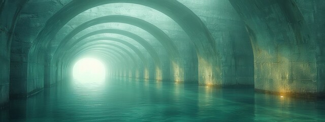 A futuristic light tunnel in a dark urban corridor with glass and steel architecture