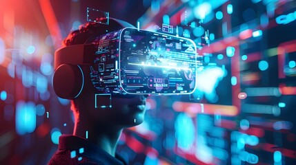 Poster - futuristic virtual reality interface with floating interactive elements and bright cyber design conc